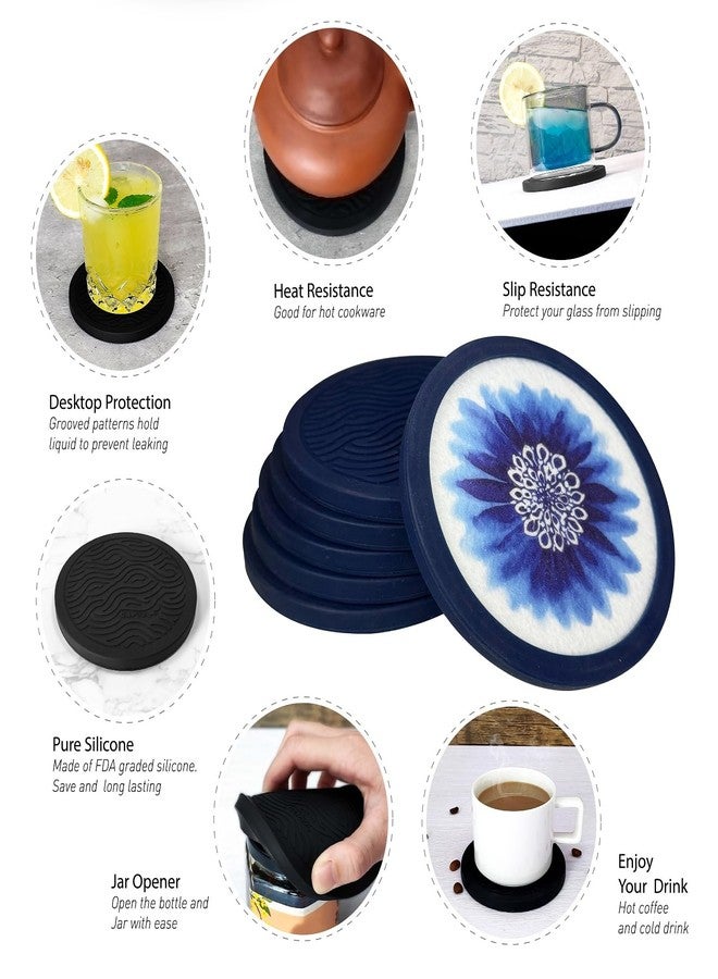 LIBERATECH Indigo Floral Non-Slip Silicone Coasters, 4-Pack Double-Sided Absorbent Cup Mats for Hot & Cold Drinks, Scratch & Water Ring Protection for Wood Tables, Home Office Bar Use - Image 3